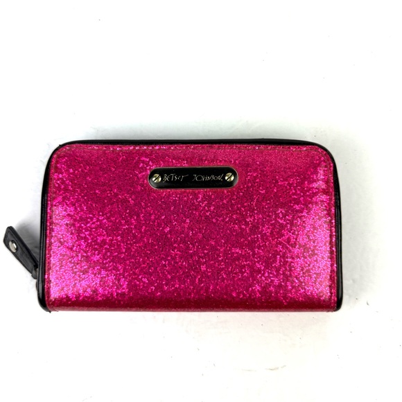 Betsey Johnson Pink Glitter Wallet Patent Leather Clutch Organizer Womens Rare - Picture 1 of 7
